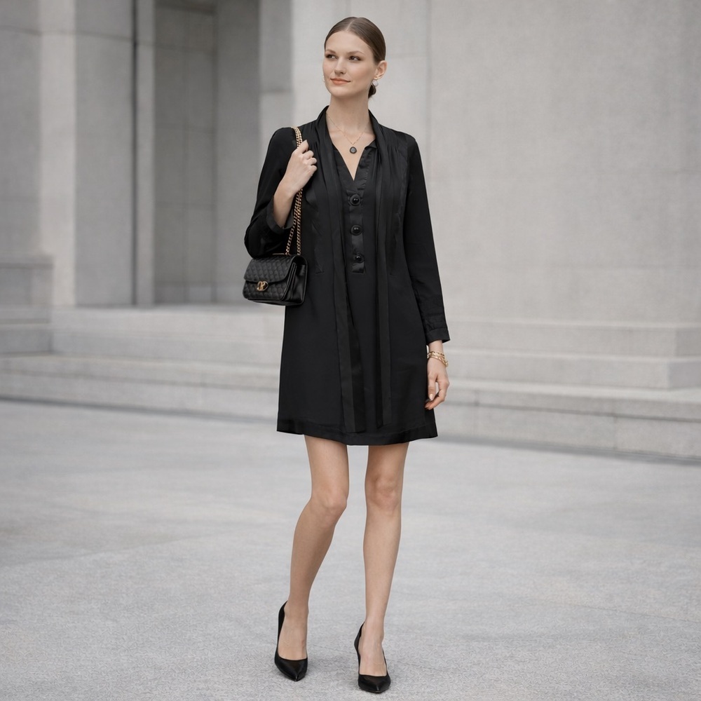 Thread Social Black Long Sleeve Silky Shift Button Front Mini Dress Size 4